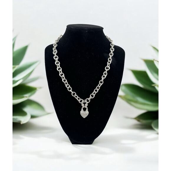 Vintage Heavy 925 Sterling Cable Chain 16" Necklace w/ Pave Diamond Heart 48 gms - Picture 1 of 8